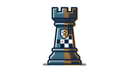 Chess Rook Icon with Shield and Crossed Swords Emblem, Strategy Game Piece © budi
