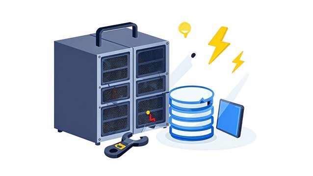 Isometric Vector Illustration of a Damaged Server Rack with Lightning Bolts