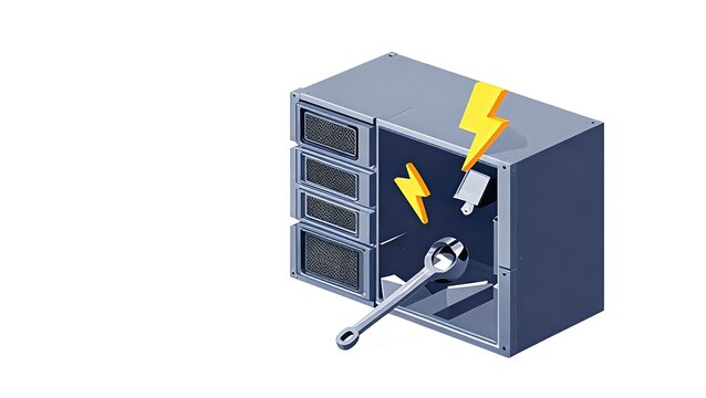 Isometric Vector Illustration of a Damaged Server Rack with Lightning Bolts