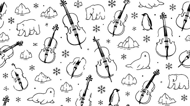 Whimsical pattern of violins and arctic animals.