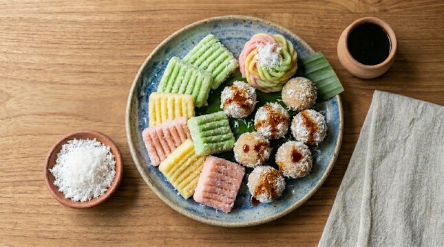 Traditional Indonesian jajan pasar snacks assortment including colorful ridged getuk lindri, klepon sweet rice balls with palm sugar syrup, and rose swirl getuk on a ceramic plate.