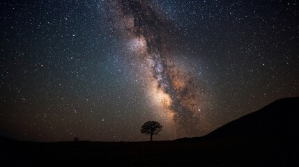 Fototapeta premium The Milky Way and a star-studded night sky above the silhouette of the landscape.