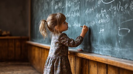 Obraz premium A young girl writing mathematical equations on a chalkboard in a classroom.