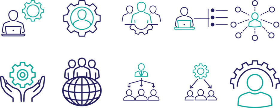  Human resource management icon set with teamwork, hierarchy, leadership and organization symbols vector.
