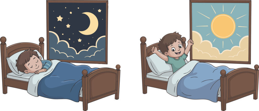 Child sleeping and waking up in bed vector illustration