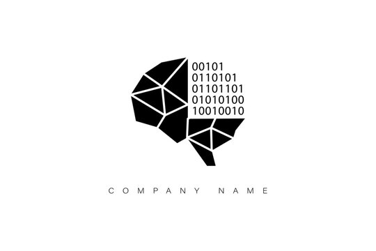 Creative polygon brain logo combined with binary code representing artificial intelligence, machine learning, programming, neural computing and futuristic digital technology.