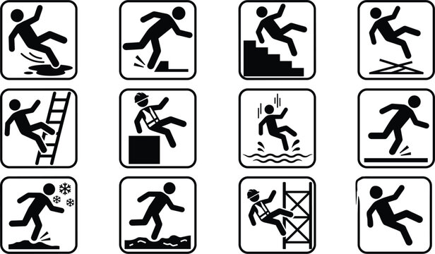 Slip trip and fall hazard warning sign vector icon set with workplace accident pictograms isolated on white background