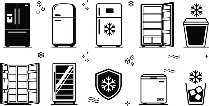 Refrigerator and freezer line icon set with open fridge home appliance ice cubes isolated on white background illustration
