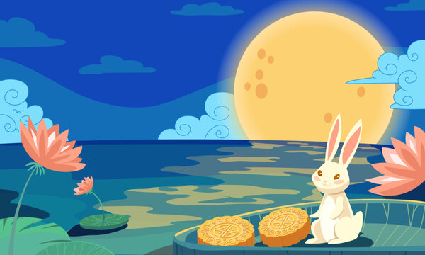 Mid Autumn Festival Illustration with Cute Moon Rabbit on a Boat, Mooncakes, and Huge Full Moon Over the Water