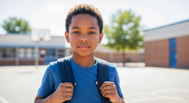 African American elementary student confidently carrying school backpack in a schoolyard for back to school content, youth education blogs, and diverse student body representation.