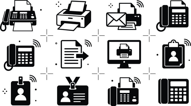 Office printer fax machine and telephone icon set with communication document and ID badge isolated on white background
