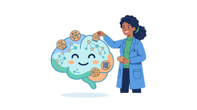 Black female engineer developing machine learning models by optimizing a smiling brain neural network flat design vector illustration.