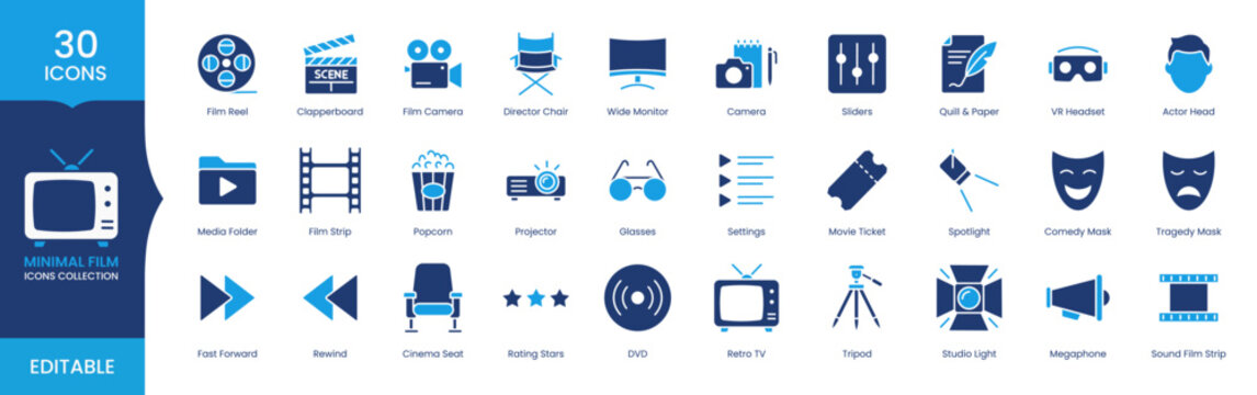 Minimal Film and Cinema Icons Set &ndash; Movie Production, Video, Media, Entertainment, Editable Vector Collection
