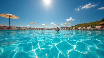 Obraz premium The swimming pool, with its shimmering blue water and sunlight reflecting off the rippling surface, evokes a sense of relaxation and a summer holiday.