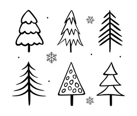 Obraz premium Cute doodle christmas tree icon collection. Hand drawn pine and fir line art set. Black ink sketch winter holiday snowflake element isolated on white background. Xmas decoration elements. Vector 