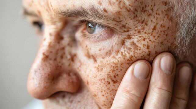 Close up of a man's face with freckles touching his cheek