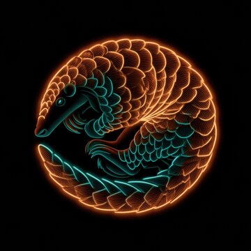 A pangolin is curled in a defensive position with glowing scale rings. Amber and teal colors illuminate against a dark background.