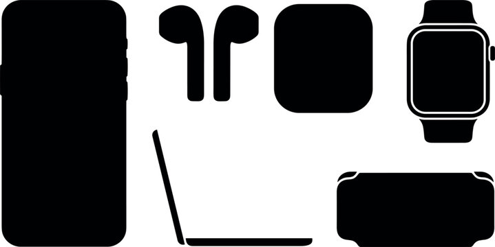 Black silhouettes of various electronic devices on white background