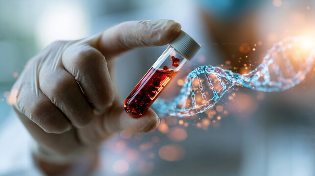Defocused faceless gloved hand holding a vial of red blood sample with a translucent DNA helix overlay drifting across a soft bright background gentle reflections blood test