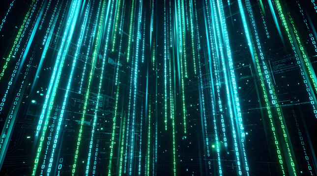Digital Rain of Code: Cascading lines of glowing binary code, in shades of teal and emerald, create a mesmerizing digital waterfall, evoking the essence of data and advanced technology.