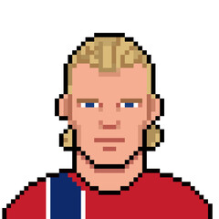 Cute pixel art avatar portrait of  Erling Haaland a blonde male football player wearing a red and blue sports jersey. Retro 8-bit or 16-bit arcade video game style athlete character icon © Mukhamat