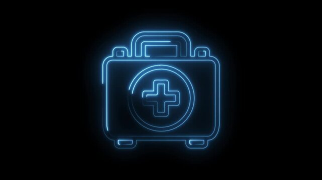 Neon blue glowing first aid kit icon with medical cross symbol on black background abstract