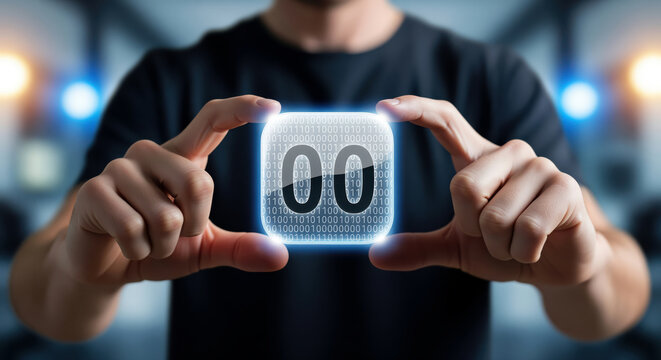Binary code matrix sequence script manipulation with neon glowing numeric token element holding between hands for custom algorithm creation or backend system data structure debugging process