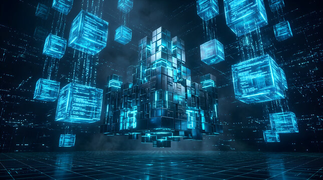 Digital Matrix Convergence: An intricate network of glowing blue cubes and data streams converges, forming a complex, futuristic digital architecture.