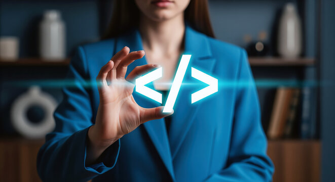 Glowing code symbol in hand frames app building and programming help, female tech instructor presenting web development class, script testing, database repair and developer skill lesson