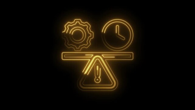 Golden neon gear and clock on balance scale with warning sign concept of time management... icon