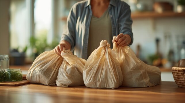 Person unpacking groceries from eco-friendly bags in a stylish kitchen setting showcasing healthy living and sustainable practices for modern homes. Generative AI