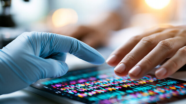 Close up of DNA sequencing chromatogram peaks with a faceless gloved hand pointing at a single data point soft bright background and crisp colored peaks dna sequencing genetic