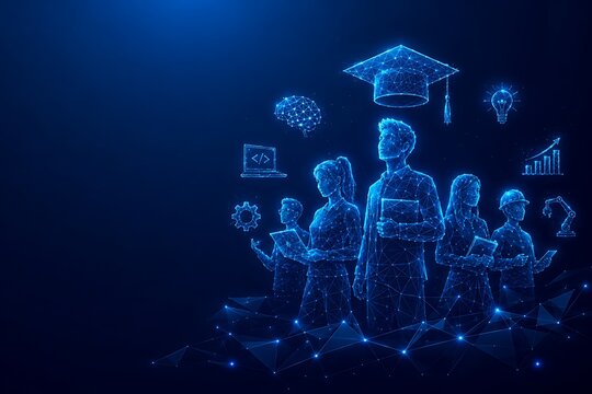 Low poly illustration of students developing cognitive skills with floating icons. low poly futuristic world youth skills day, students, learning. low. poly futuristic world youth skills day