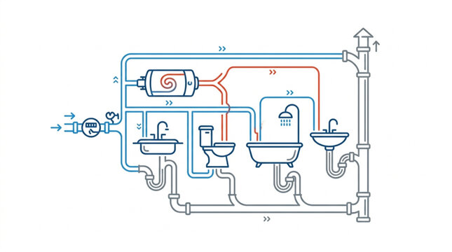 Detailed illustration of a residential plumbing system diagram.