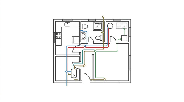 Detailed architectural floor plan with plumbing and electrical systems.
