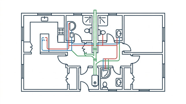 Architectural floor plan with plumbing and electrical lines shown.