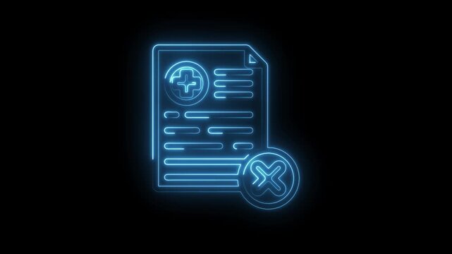 Neon medical record document with cross symbol and rejected mark glowing blue on black icon