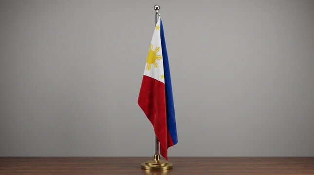 A Philippine flag displayed on a golden stand on a wooden table against a plain grey wall.