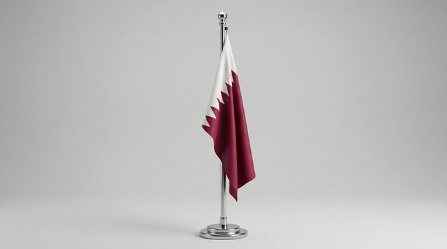 A close-up shot of the national flag of Qatar, featuring its distinctive maroon and white colors, displayed on a polished silver flagpole against a plain white background.