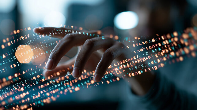 Faceless defocused hand reaching toward a glowing overlay of binary digits and colored DNA letters streaming diagonally across the frame soft bright bokeh and shallow focus