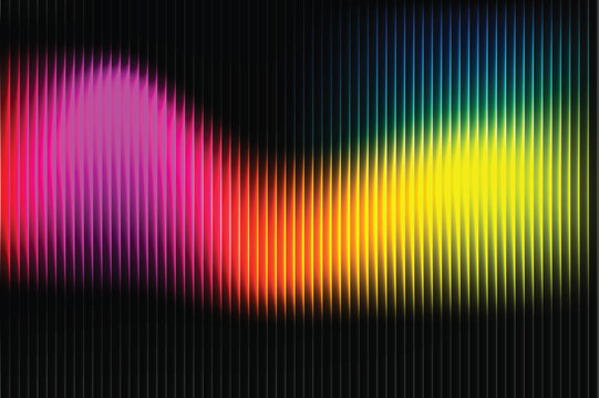 Abstract background with vertical glowing neon lines in a wave pattern with a vibrant rainbow color gradient