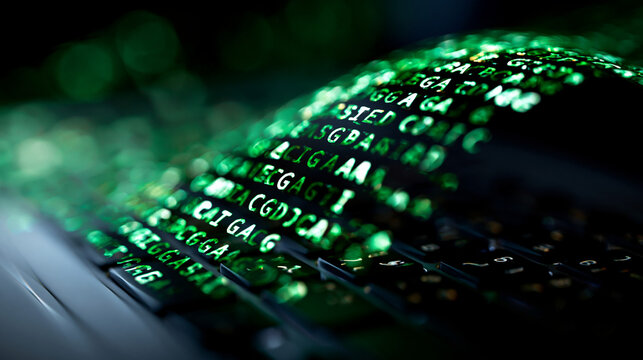 Abstract dense stream of green DNA code text scrolling across a clean dark digital screen soft luminous characters fading into depth no people genetic data dna sequence