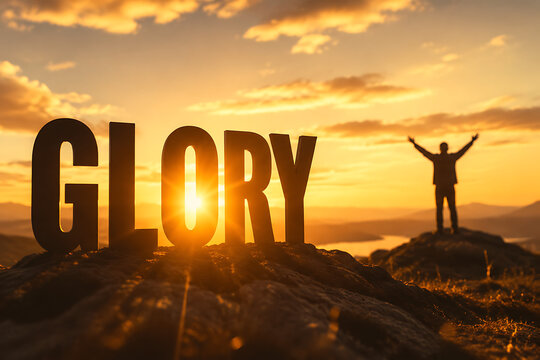Large glory letters stand on a mountain at sunrise while a victorious person raises arms celebrating achievement success purpose faith and motivation inspirational triumph journey