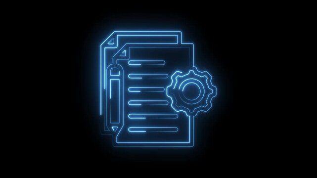 Blue neon outline of document icon with pencil and gear symbol on black background representing