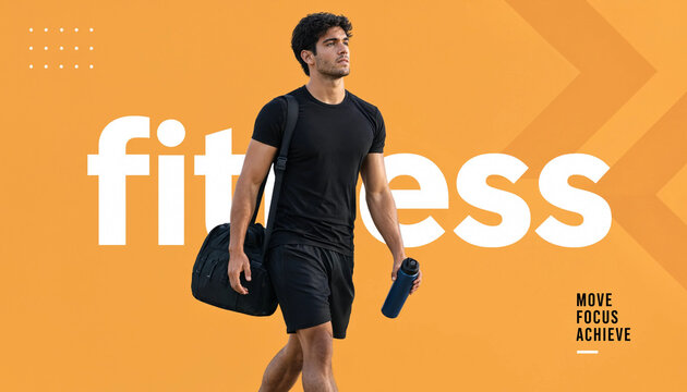 Fitness banner design with athletic man walking with gym bag and water bottle on a bold orange abstract background