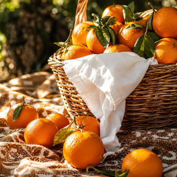 Fresh Oranges in Rustic Basket with White Cloth on Picnic Blanket