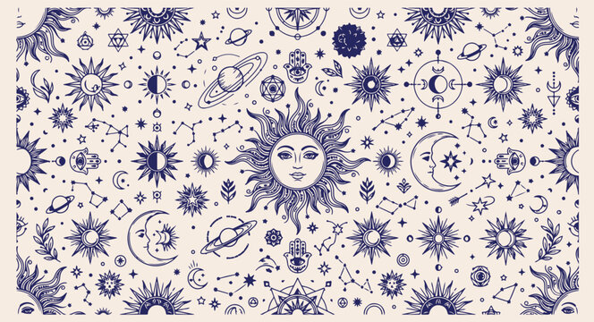 celestial space galaxy seamless pattern, mystical star planet background, hand drawn space print, cosmic night sky wallpaper, stellar galaxy exploration texture, magical space star design, universe st