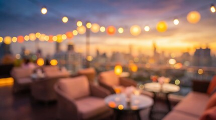Fototapeta premium dreamy blurred rooftop lounge at sunset with warm string lights over a city skyline bokeh, cozy outdoor seating area, evening hospitality atmosphere.
