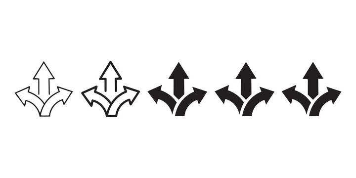 Set of three way directional junction arrow icons in varied line and solid styles with junction direction navigation decision graphics interface abstract wayfinding orientation strategy