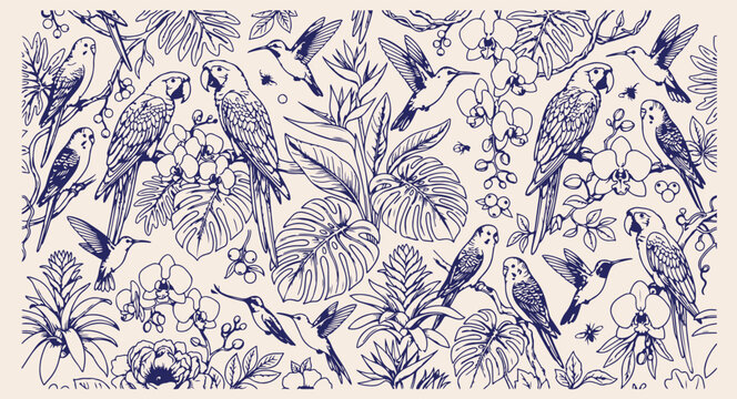 exotic parrot jungle seamless pattern, beautiful tropical bird background, hand drawn parrot print, lush jungle flower wallpaper, wild tropical nature texture, exotic parrot garden design, vibrant bir